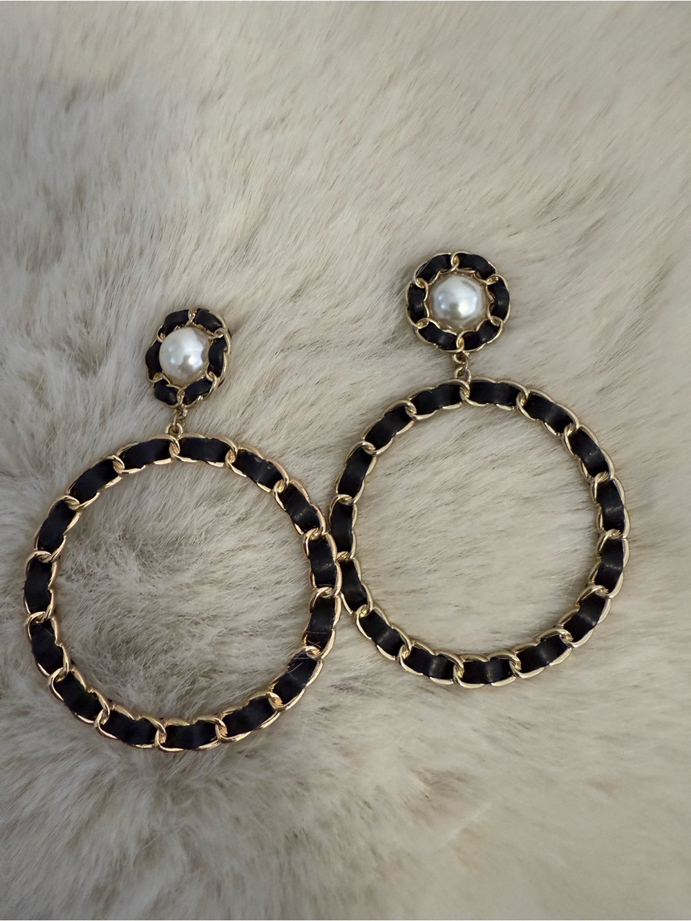 Gold Hoop Drop Earrings with Black Inset Detailing